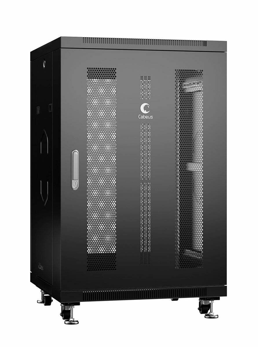 Cabeus ND-05C-18U60/100-BK Шкаф телекоммуникационный 19quot; напольный 18U 600x1000x988mm (ШхГхВ), передняя дверь с перфорацией 35%, задняя дверь с перфорацией 65%, ручка с замком, цвет черный (RAL 9004), поставляется в разобранном виде