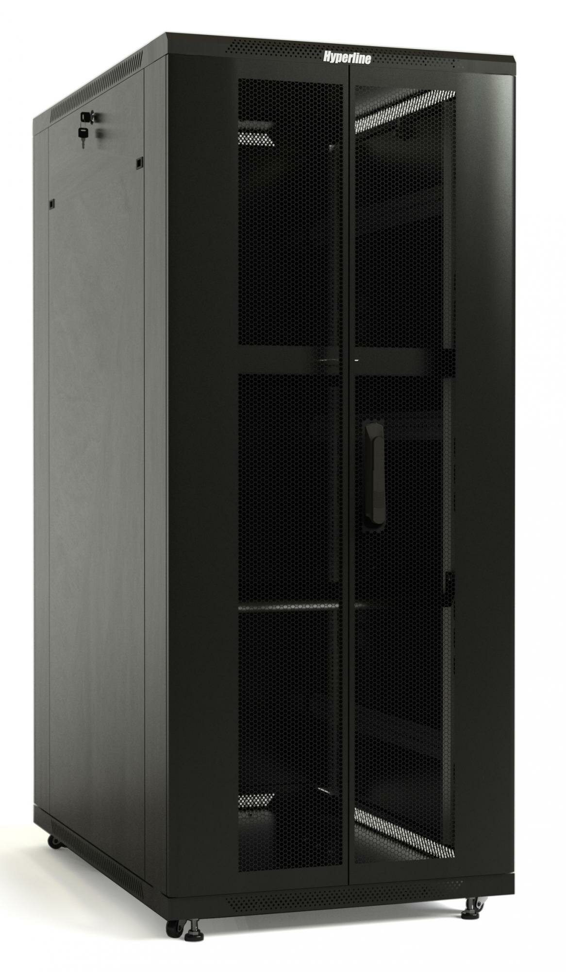 Hyperline TTB-4781-DD-RAL9004 Шкаф напольный 19-дюймовый, 47U, 2277x800х1000 мм (ВхШхГ), передняя и задняя распашные перфорированные двери (75%), ручка с замком, крыша нового типа, цвет черный (RAL 9004) (разобранный)