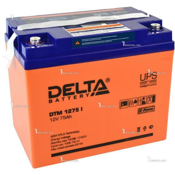 Аккумулятор DELTA DTM-1275 I (12В, 75Ач / 12V, 75Ah / вывод под болт M6) LCD дисплей (UPS серия)
