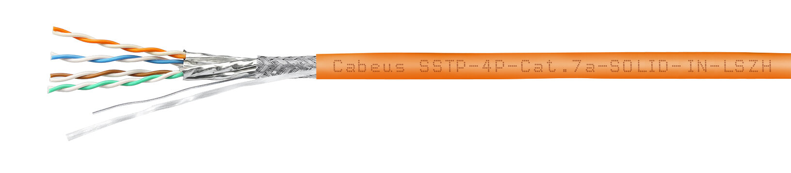 Cabeus SSTP-4P-Cat.7a-SOLID-IN-LSZH Кабель экранированная витая пара SSTP (S/FTP), категория 7a (расширенный диапазон рабочих частот до 1000MHz), 4 пары (23 AWG), одножильный (solid), LSZH (305 м)