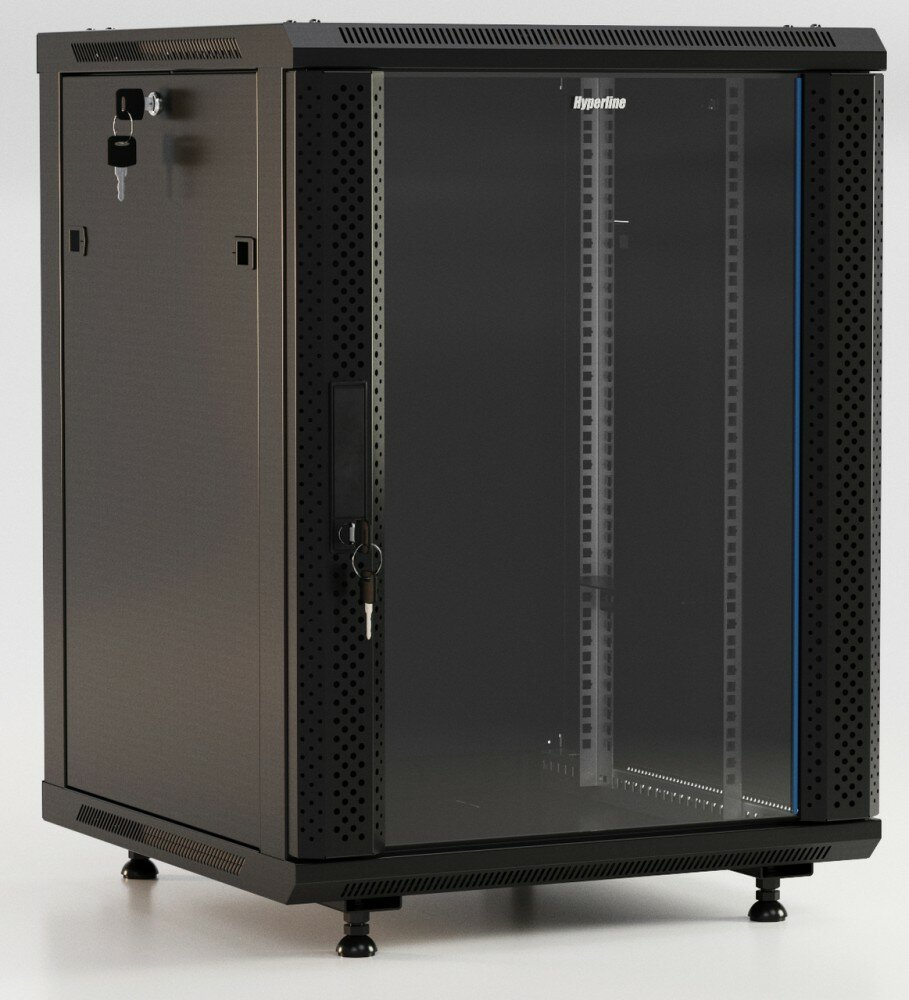 Hyperline TWB-FC-1545-GP-RAL9004 Шкаф настенный 19-дюймовый (19quot;), 15U, 775x600х450мм, стеклянная дверь с перфорацией по бокам, ручка с замком, с возможностью установки на ножки, цвет черный (RAL 9004) (разобранный)