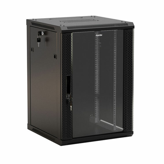 Hyperline TWB-1545-GP-RAL9004 Шкаф настенный 19-дюймовый (19quot;), 15U, 775x600х450мм, стеклянная дверь с перфорацией по бокам, ручка с замком, цвет черный (RAL 9004) (разобранный)