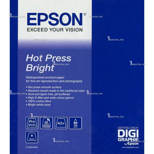 Холст для струйной печати Epson C13S042330 Fine Art Paper Hot Press Bright A3+, ярко-белый, матовый, 330 г/м2, 25 листов