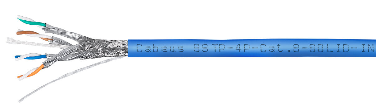 Cabeus SSTP-4P-Cat.8-SOLID-IN-LSZH-BL-305 Кабель экранированная витая пара SSTP (S/FTP), категория 8 (40G, 2000 MHz), 4 пары (23 AWG), LSZH (305 м)