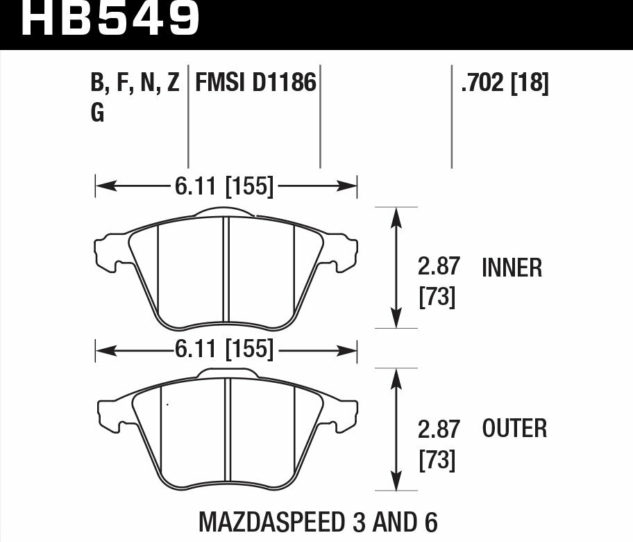 Колодки тормозные HB549N.702 HAWK HP+ передние MAZDA 3 MPS, 6 MPS / FORD Focus 2 ST / OPEL VECTRA 2,