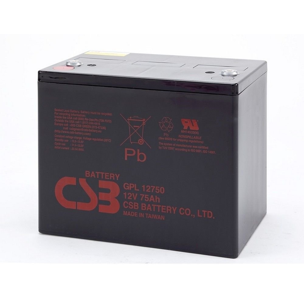 Свинцово-кислотный аккумулятор CSB GPL 12750 (12 В, 75 Ач), габариты (211,2+3х261х168)
