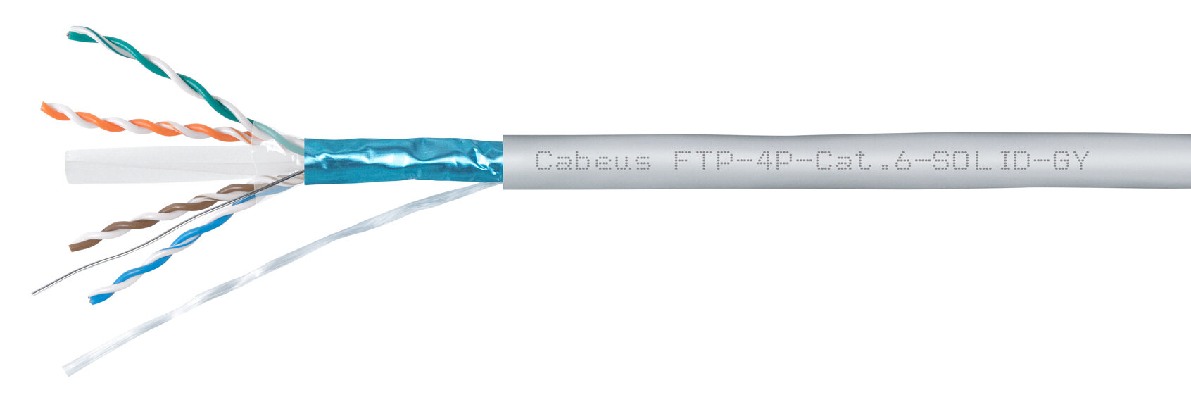 Cabeus FTP-4P-Cat.6-SOLID-GY Кабель витая пара экранированная FTP (F/UTP), категория 6, 4 пары 0,57мм (23 AWG), одножильный (305 м)