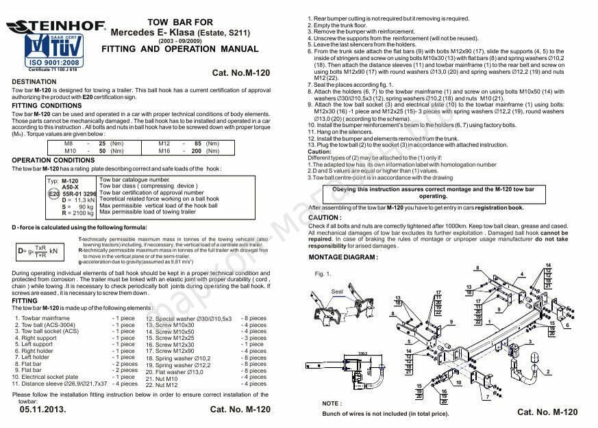 Фаркоп quot;Steinhofquot; для Mercedes-Benz E-Class S/W211 2002-2009гг. (универсал) Арт. M-120