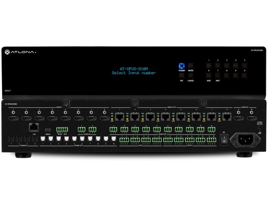 ATLONA AT-OPUS-810M Матричный коммутатор 4K/HDR 8 х 10 HDMI на HDBaseT с PoE, Ethernet, IR/RS232 и аудио