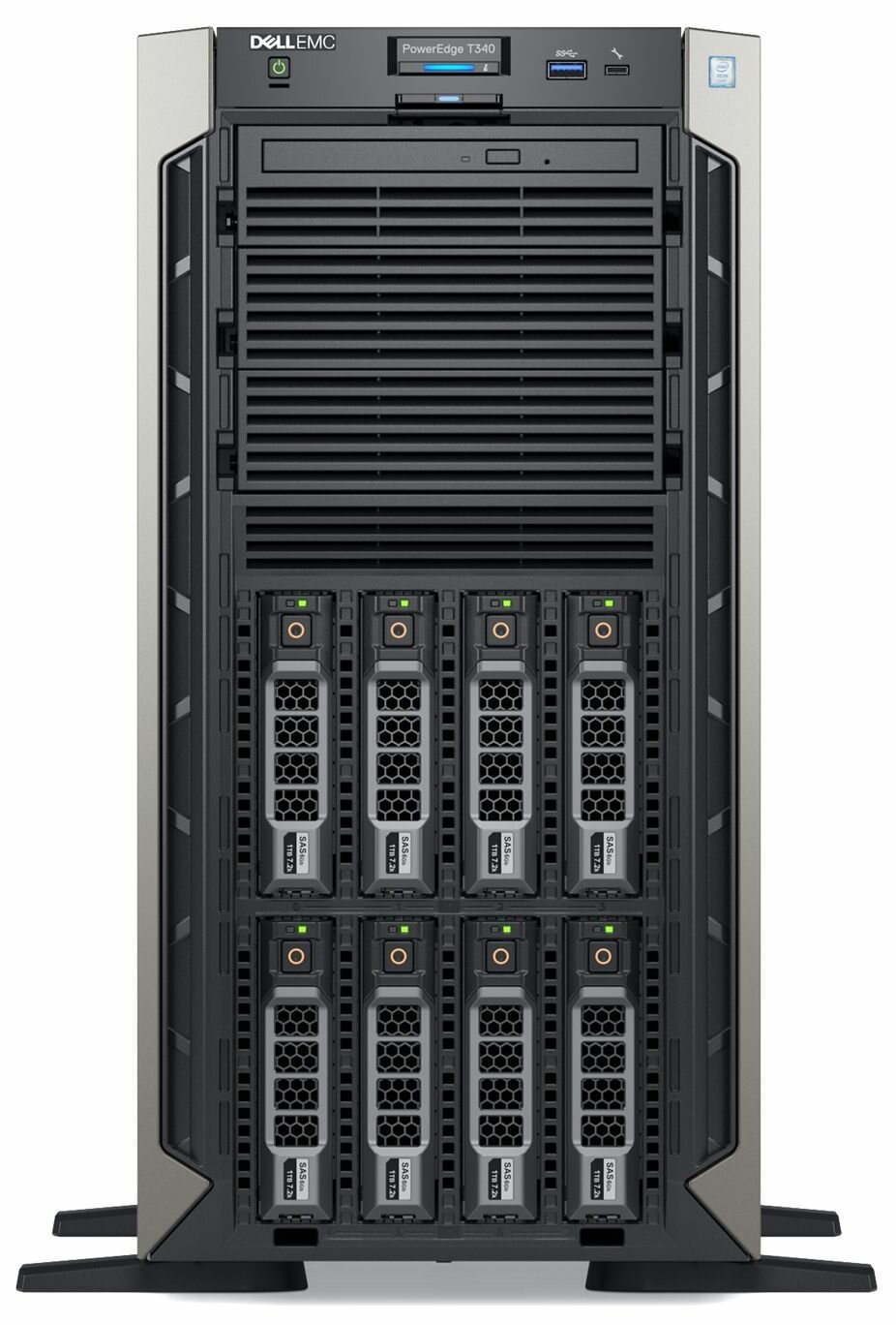 Сервер DELL PowerEdge T340 8LFF / 1xE-2224 4.0GHz/ 1 x 16GB UDIMM/ H330 / 1 x 1.2TB 12G 10K SAS/ 2xGE/ 495W/ Bezel/ ролики/ iDRAC Enterprise/ DVD-RW/ 3YBWNBD