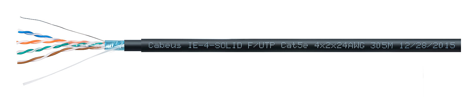Cabeus IE-4-SOLID F/UTP Cat5e 4X2X24AWG Кабель Industrial Ethernet, экранированная витая пара FTP (F/UTP), категории 5e, 4 пары, одножильный (solid), экран - фольга, внутренний/внешний (-40°C - +75°C), двойная оболочка FR-PVC UV (305м)