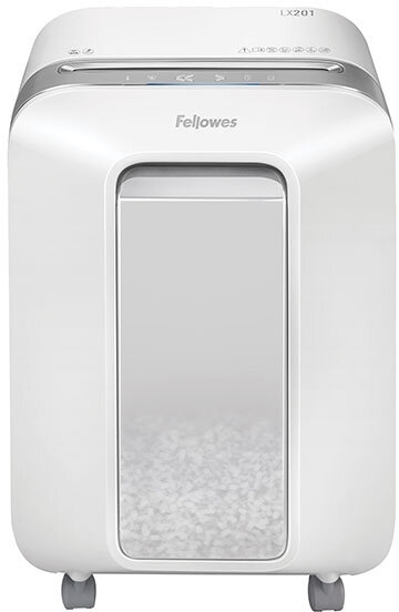 Шредер Fellowes PowerShred LX201 белый (секр.P-5)/перекрестный/12лист./22лтр./скрепки/скобы/пл.карты