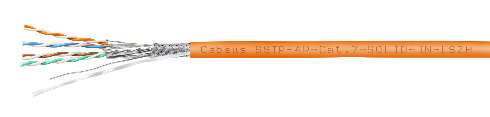Cabeus SSTP-4P-Cat.7-SOLID-IN-LSZH Кабель экранированная витая пара SSTP (S/FTP), категория 7 , 4 пары 0,58мм (23 AWG), одножильный (solid), FR-LSZH (305 м)