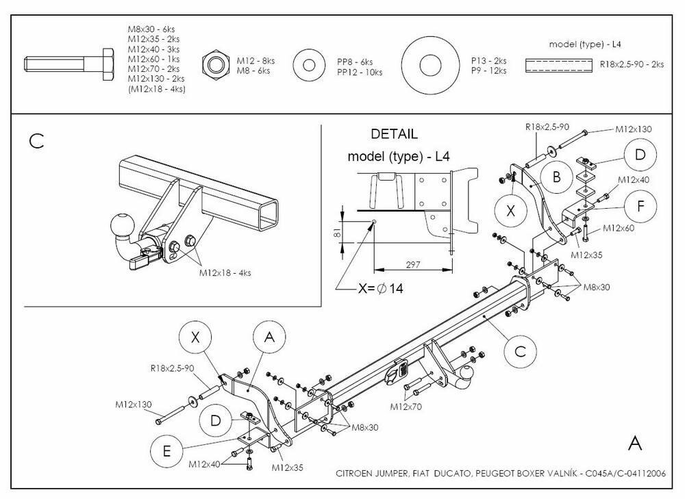 фаркоп оцинкованный citroen jumper 2006-, fiat ducato iii 2006-, peugeot boxer 2006- платформа твердое крепление (без электрики) galia.c045a