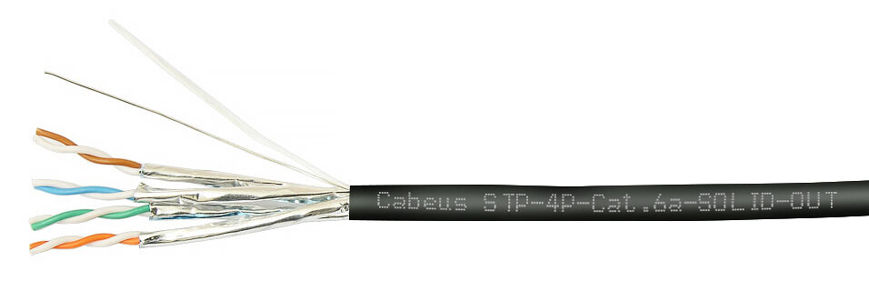 Cabeus STP-4P-Cat.6a-SOLID-OUT-LSZH-UV Кабель витая пара экранированная STP (U/FTP), категория 6a (10GBE), 4 пары, (23 AWG), одножильный (solid), экран - фольга, для внешней прокладки, каждая пара в экране (фольга), LSZH-UV (305 м)