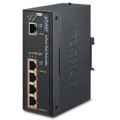 Удлинитель Planet IPOE-E174 промышленный, IP30 1-Port GE 60W Ultra POE to 4-Port 802.3af/at (-40 to 75 C)