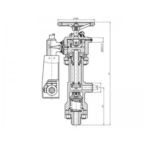 Бронзовый запорный угловой штуцерный бессальниковый клапан с герметизацией с пневмоприводом 3x250 мм 521-35.3254-01 (ИПЛT.49224111-01) ТУ
