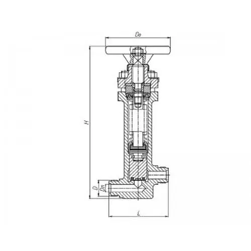 Бронзовый запорный проходной штуцерный бессальниковый клапан с герметизацией 20x250 мм 521-35.3257-01 (ИТШЛ.49114107-01) ТУ