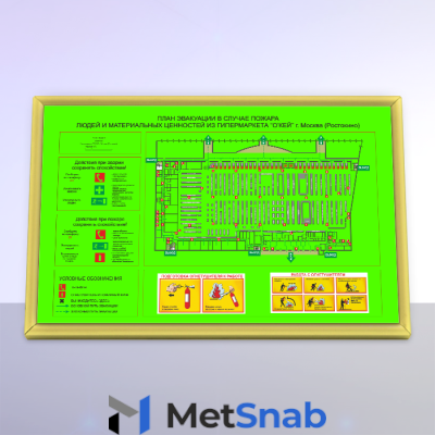 План эвакуации фотолюминесцентный в золотой алюминиевой рамке (А0 формат)