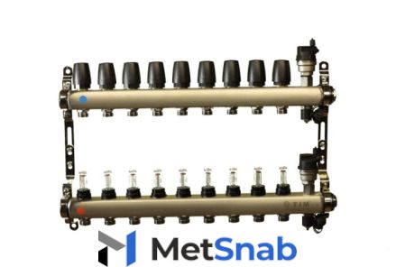 Коллекторная группа Tim (KCS5009) 1" ВР-ВР, 9 отводов 3/4", расходомер, воздухоотводчик, сливной кран