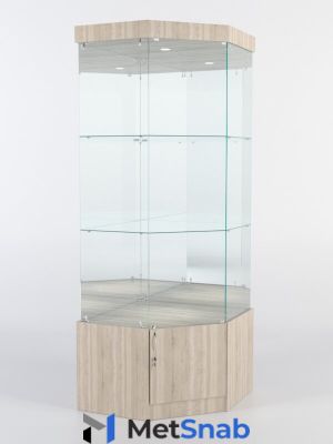 Витрина стеклянная "истра" угловая №14 пятигранная (с дверкой, задние стенки - зеркало), Дуб Сонома