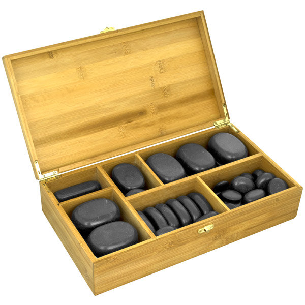 Набор массажных камней в коробке из бамбука. 45 шт