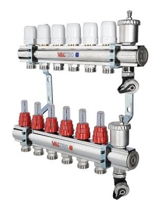 Коллекторный блок Valtec 1quot;х3/4quot; 12 выходов с расходомерами (латунь) VTc.596.EMNX.0612