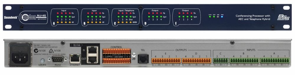 BSS BLU-102 аудио-матрица с процессором. 10 аналоговых mic/line входов, 8 аналоговых выходов. 8 независимых алгоритма AEC (подавление эха), 1 телефонный вход, BLU-Link, без CobraNet