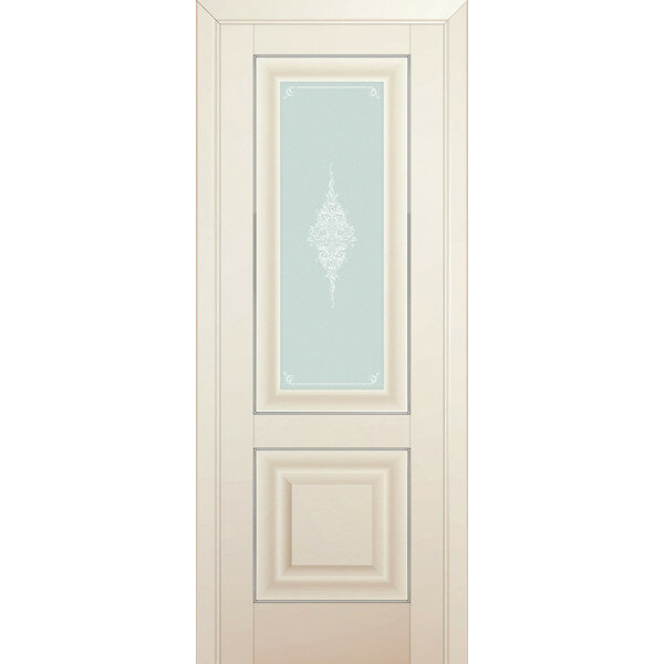 Дверь Profil Doors 28U Магнолия сатинат со стеклом матовым Кристалл и с серебряным молдингом
