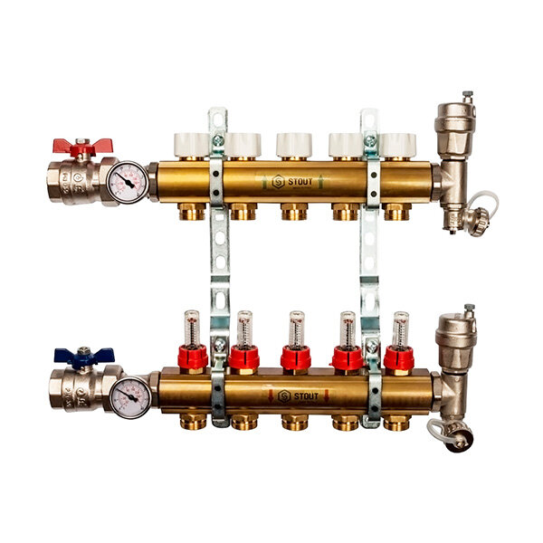 Коллектор Stout SMB 0473 000005 из латуни, в сборе с расходомерами 1quot;x3/4quot; на 5 выходов