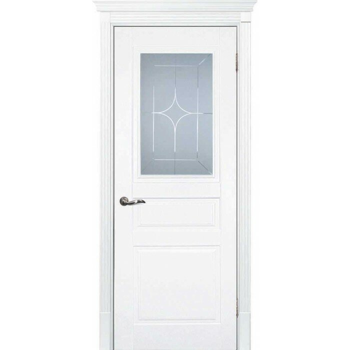 Межкомнатная Дверь Смальта 01 Белый ral 9003 текона Эмаль Сатинат, гравированное со стеклом, Размер Полотна 2000 х 700