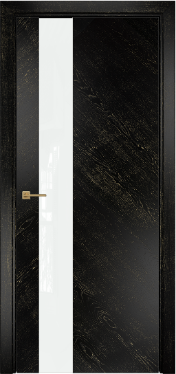 Дверь Оникс модель Сити Цвет:эмаль черная патина золото Остекление:Триплекс белый