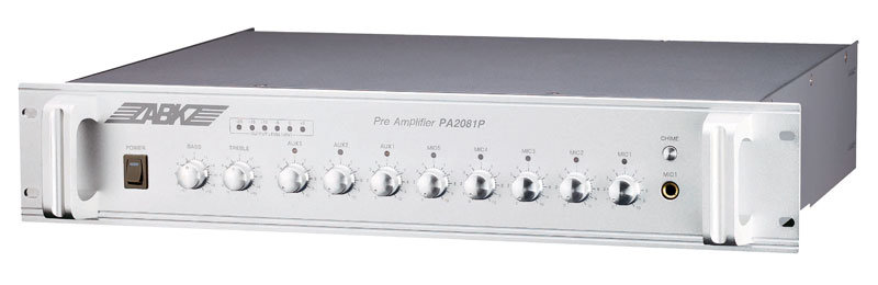 ABK PA-2081P Предусилитель, микропроцессорное управление, вход: 5 микрофонных, 3 вспомогательных, 2 основных, светодиодный индикатор на каждый канал, функция сирены, заглушки, управление с компьютера