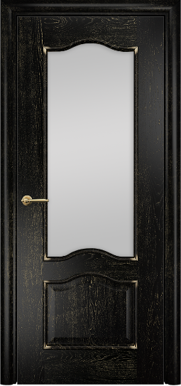 Дверь Оникс модель Классика Цвет:эмаль черная патина золото Остекление:Сатинат белый
