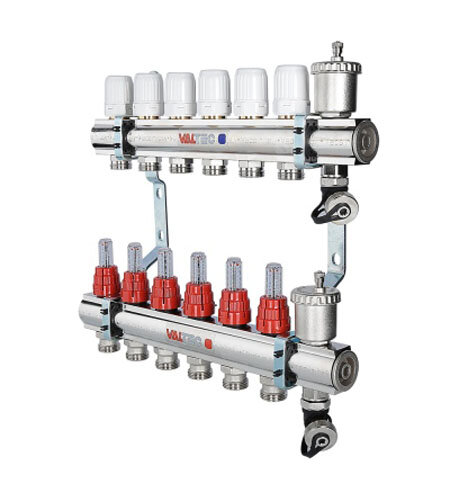 Коллекторный блок Valtec 1quot; x 3/4quot;, quot;евроконусquot; со встроенными расходомерами на 8 контуров