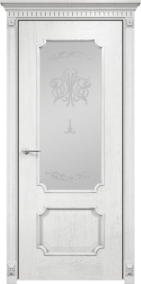 Межкомнатная дверь Оникс Палермо (Эмаль белая по ясеню патина серебро) штапик узкий резной, сатинат белый, контурный витраж №2