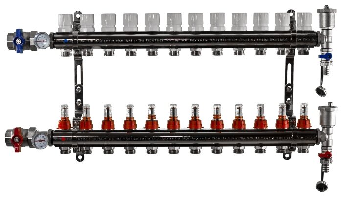Коллекторная группа Tim (KA012) 1quot;, 12 вых., расходомер, воздухоотводчик, сливной кран, термометр