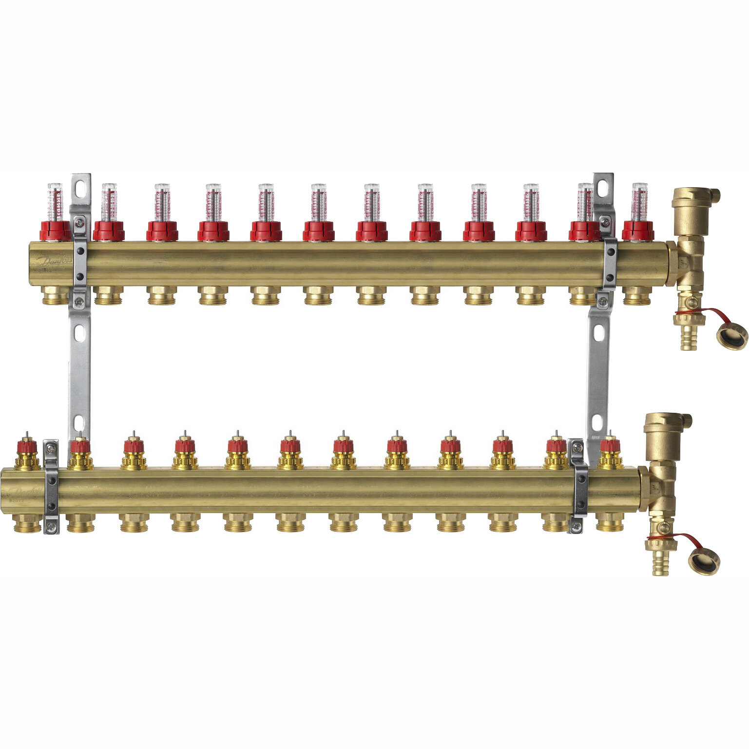 Комплект коллекторов Danfoss FHF-12F set с расходомерами кронштейнами и воздухоотводчиками 12 контуров