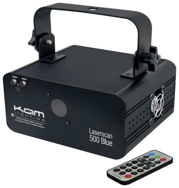 KAM Laserscan 500 Blue лазерный прибор. Синий излучатель 490мВт, 17 каналов DMX, Автоматический режим, Музыкальная активация, Режим ведущий/ведомый, Пульт ИК в комплекте, ДхШхВ 190х150х190мм, Вес 1,5кг.