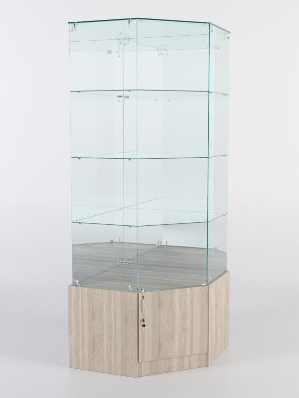 Витрина стеклянная quot;истраquot; угловая №16 пятигранная (с дверкой, задние стенки - зеркало), Дуб Сонома
