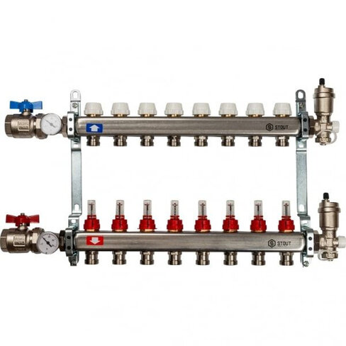 Коллектор Stout SMS 0907 из нержавеющей стали в сборе с расходомерами 8 вых.