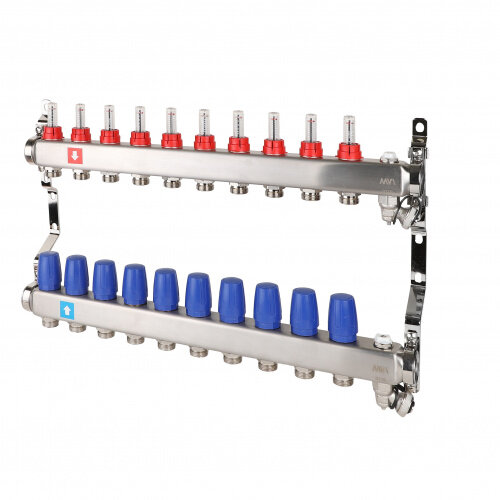 Коллектор MVI с расходомерами, дренажным краном и воздухоотводчиком 10 выходов