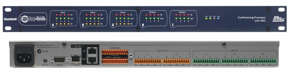 BSS BLU-101 аудио-матрица с процессором. 12 аналоговых mic/line входов, 8 аналоговых выходов. 12 независимых алгоритма AEC (подавление эха), BLU-Link, без CobraNet.