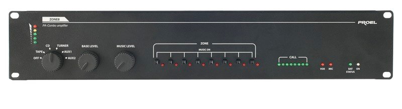 Proel ZONE8 8-и зональный трансляционный контроллер. Переключатель систем входа (tape, cd, tuner, aux1, aux2). Возможность подключения до 18 микрофонов типа BM 01, 04, 08. Коннектор для сигнализации, телефона. Индикатор активности для каждой из 8-ми зон