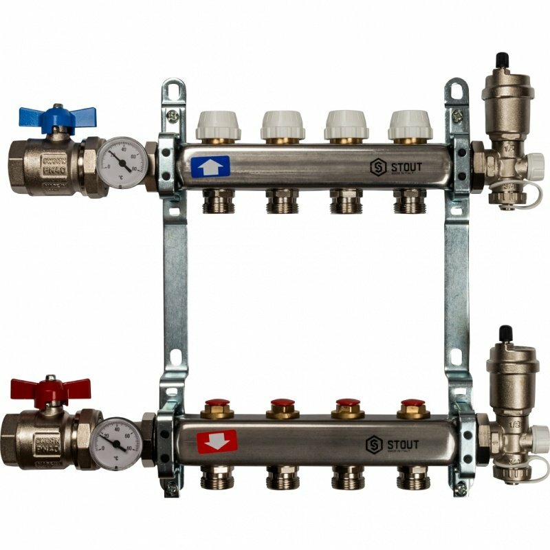 Распределительный коллектор из нерж. стали STOUT в сборе 1quot;х3/4quot;ЕК 4 выхода без расходомеров