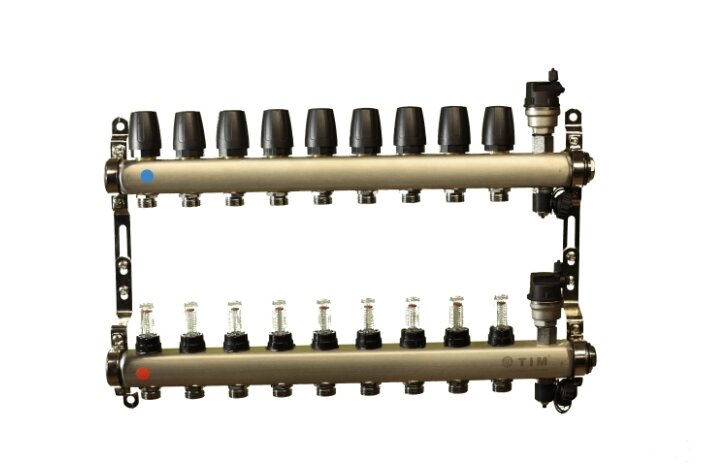 Коллекторная группа Tim (KCS5009) 1quot; ВР-ВР, 9 отводов 3/4quot;, расходомер, воздухоотводчик, сливной кран
