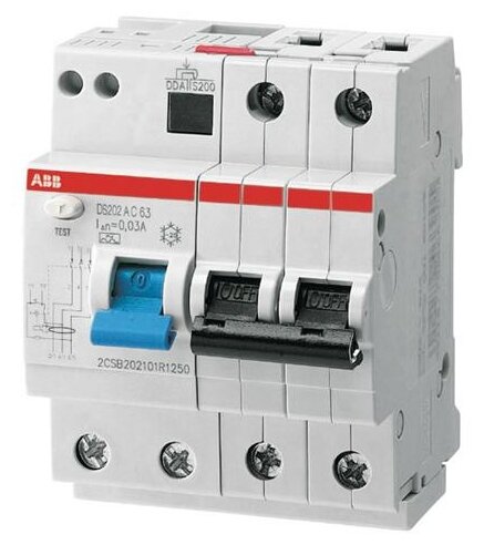 ABB Дифф. автомат. выключатель 2-полюсный 63 А, тип AC (перемен.), 10 кА DS202 M AC-B63/0,03. ABB. 2CSR272001R1635