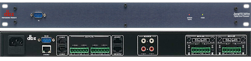 dbx 641m аудио процессор для многозонных систем. 6 входов - 4 балансных мик/лин Phoenix, 2 RCA, 4 балансных Phoenix выхода, управление - GUI интерфейс - с компьютера 2 порта для подключения контроллеров ZC (до 12 шт)