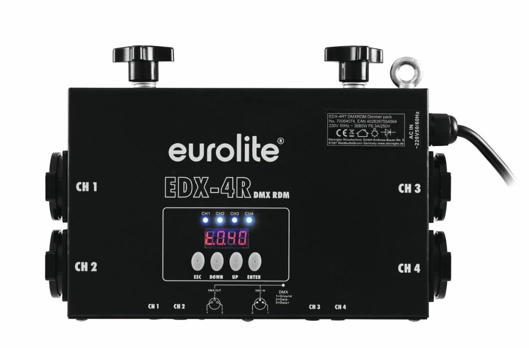 Eurolite EDX-4RT DMX RDM Truss Dimmer Pack четырехканальный диммер для подвеса к фермам, с поддержкой протокола RDM, 5А на канал (16А на 4 канала), управление DMX (XLR-3), выход евророзетка