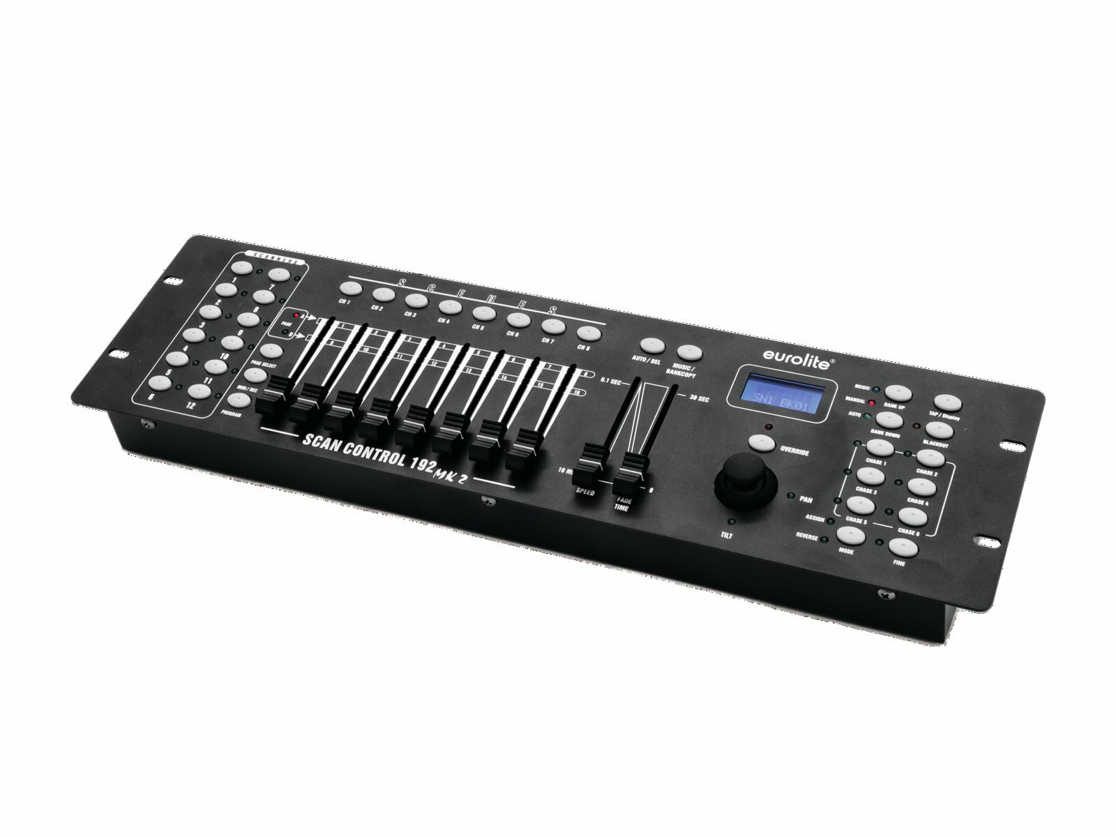 Eurolite DMX Scan Control 192 controller 192-х канальный DMX контроллер управления световыми приборами. 6 чейзеров до 240 шагов, 12 приборов по 16 каналов DMX, 8 фейдеров управления, джойстик. Аудио вход и встроенный микрофон. Переключатель полярности D